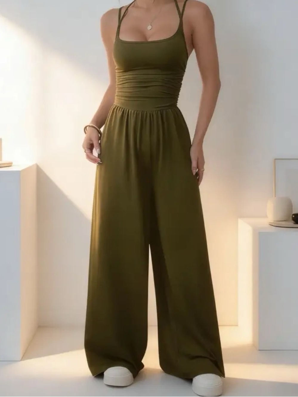 Olive color Wide-Leg Jumpsuit with Ruched Waist